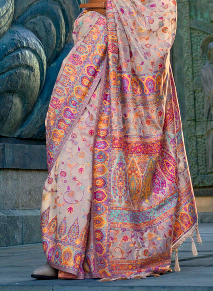 Carnation Pink Floral Kashmiri Kani Silk Saree with Pretty Blouse