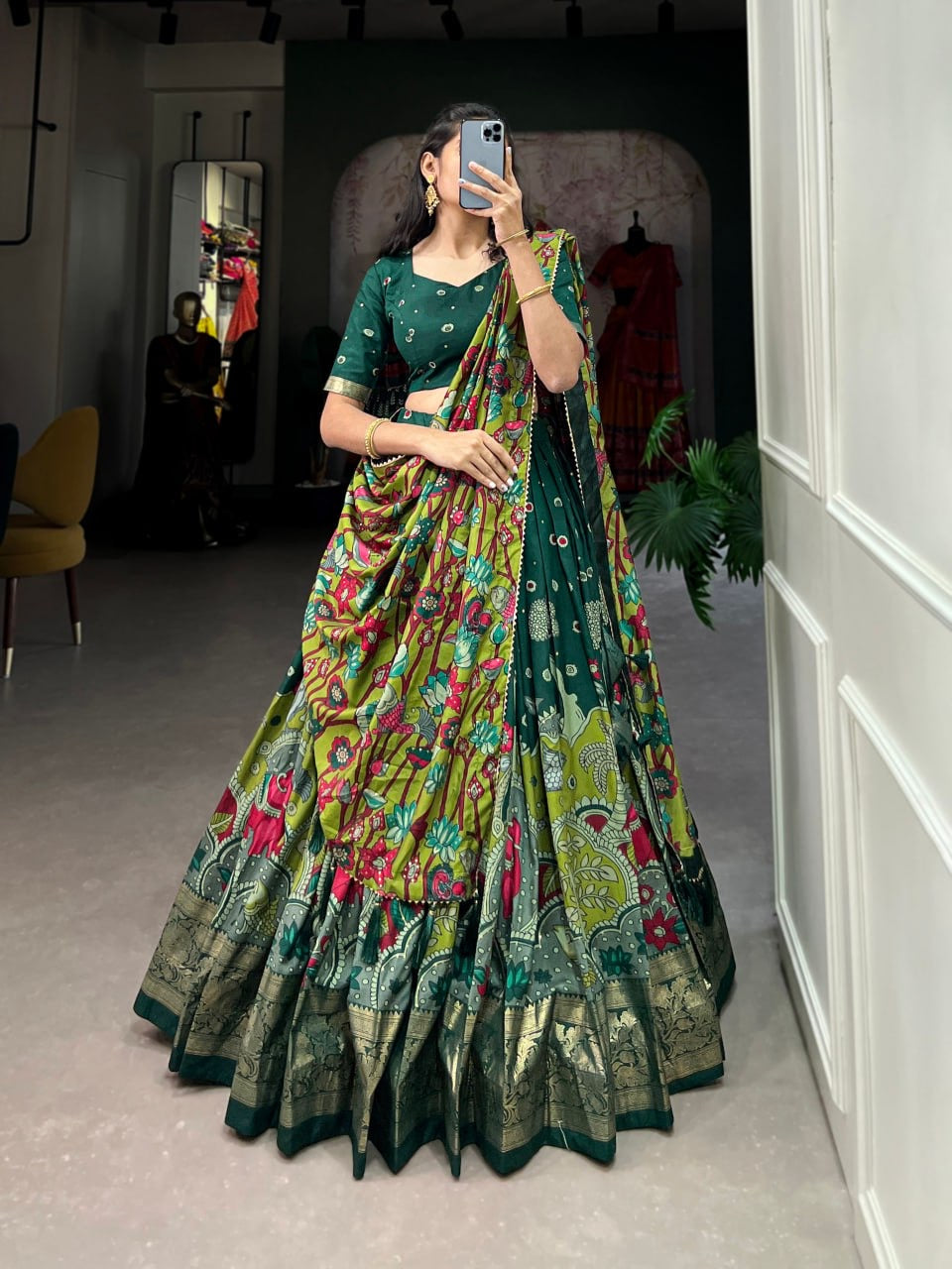 Kalamkari South Indian Style Designer Lehengas with Blouse and Dupatta