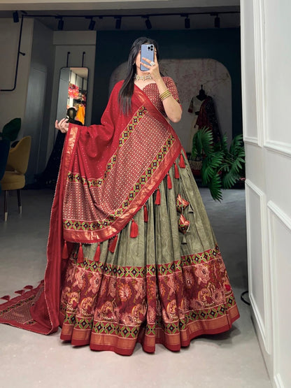 Red & Green Banarasi Brocade Woven Jaal Design Silk Lehengas with Dupatta