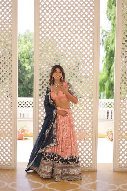 Peach & Blue Designer Lahenga Choli For Woven Dupatta and Pretty Blouse