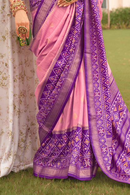 Purple & Baby Pink Ikkat Patola Saree with Designer Contrast Blouse
