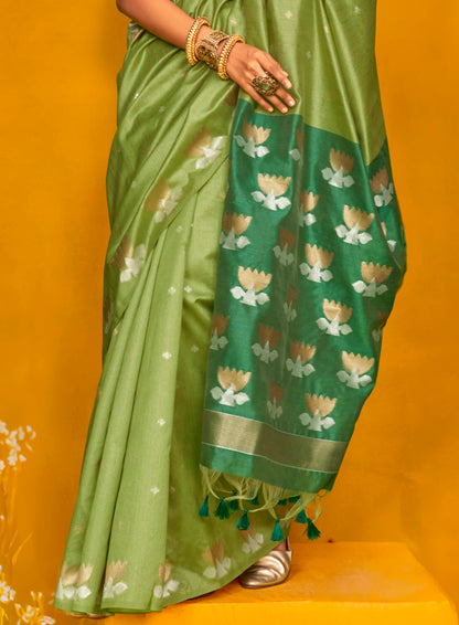 Kelly Green & Dark Green Satin Saree with Same Colored Blouse