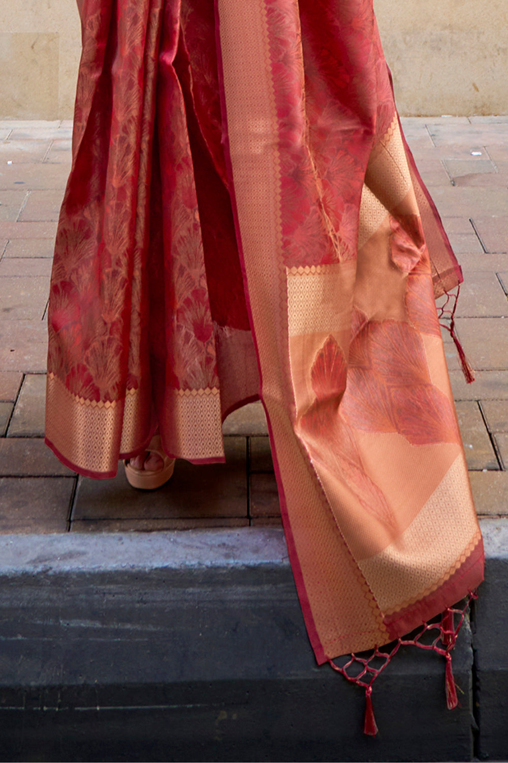 Crimson Red & Golden Border Banarasi Silk Saree with Contrast Blouse