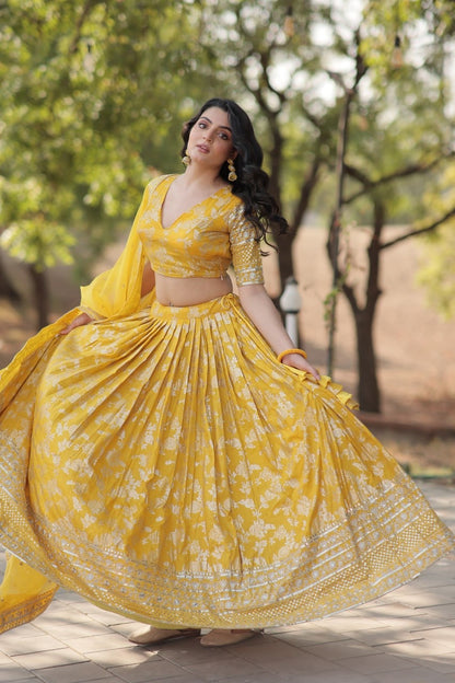 Yellow Banarasi Woven Jaal Design Silk Lehengas with Stunning Blouse