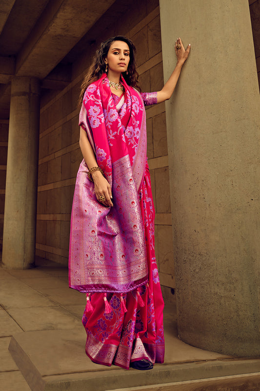 Ruby Pink & Lollipop Purple Satin Saree with Pink Designer Blouse