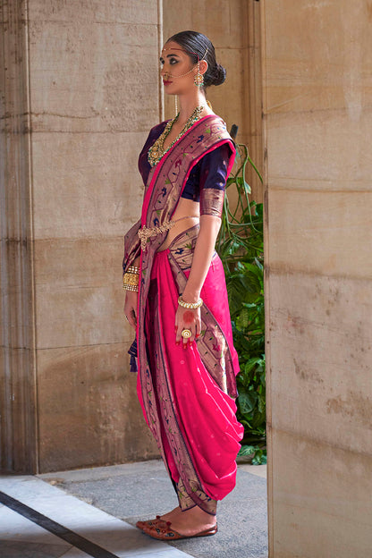 Hot pink &Golden Border Paithani Saree with Purple Designer Blouse
