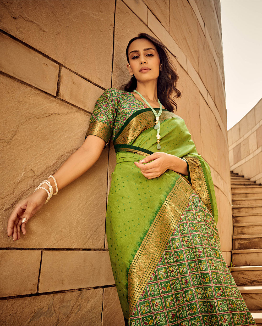 Kelly Green & Golden Border Bandhani Saree with Sea Green Designer Blouse