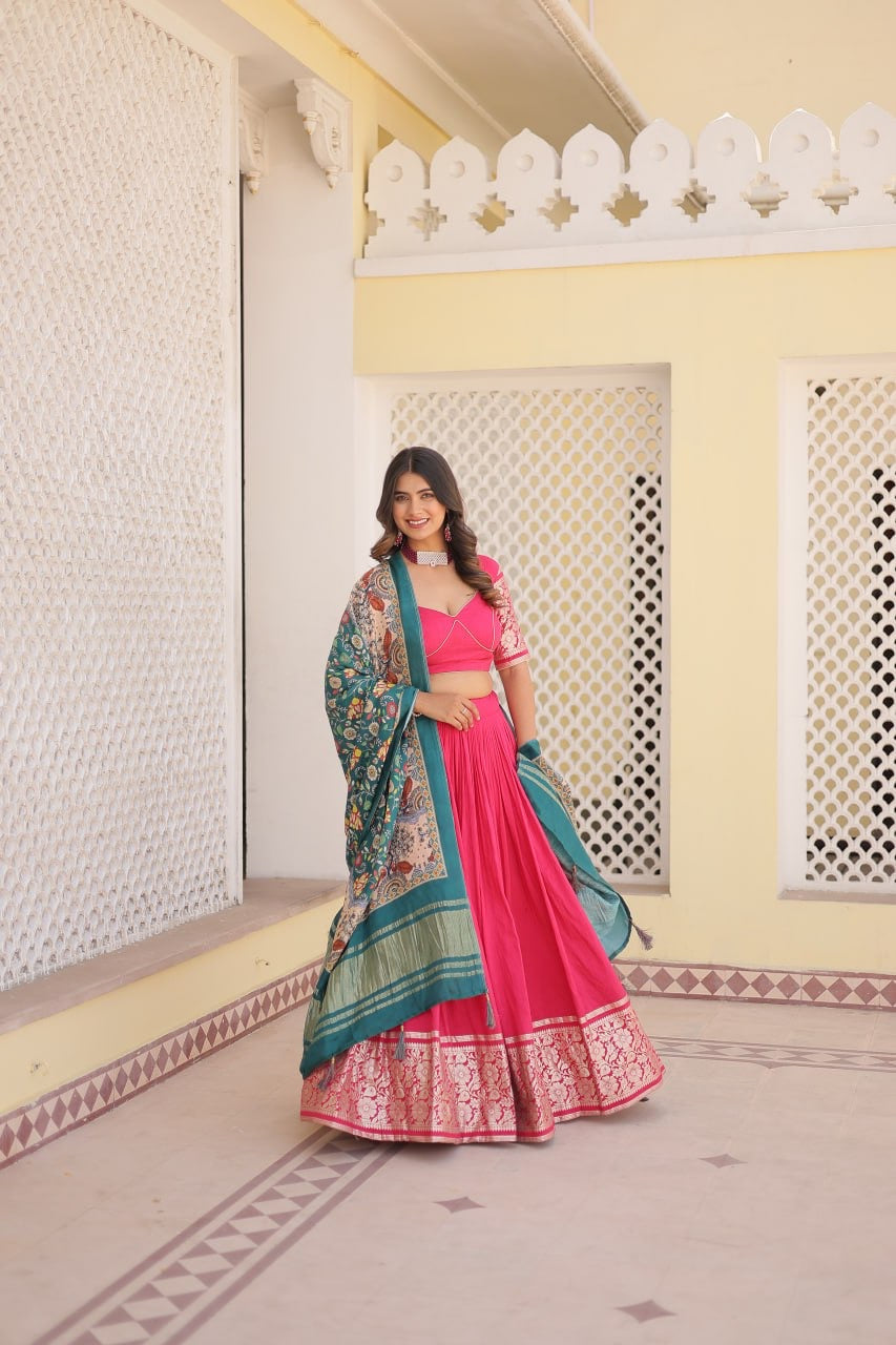 Ruby Pink Kalamkari South Indian Style Designer Lehengas with Blouse