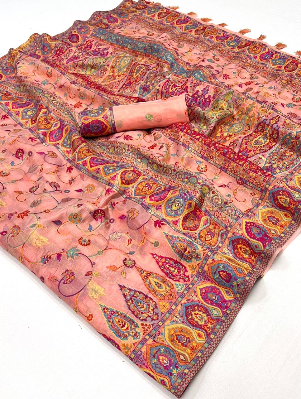 Carnation Pink Floral Kashmiri Kani Silk Saree with Pretty Blouse