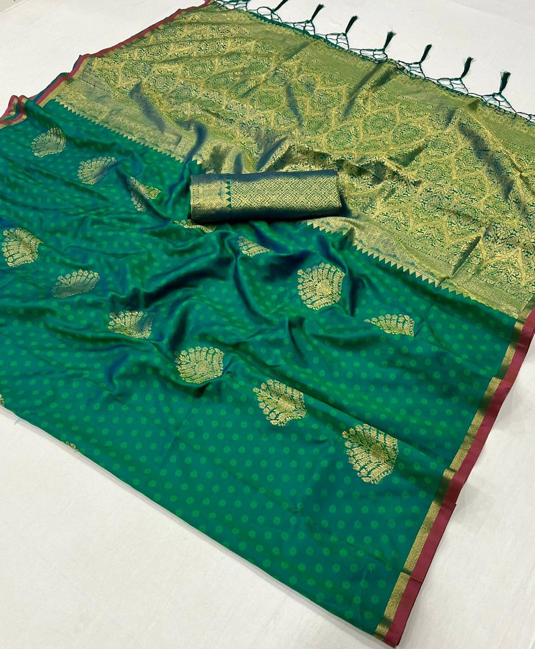 Sea Green Banarasi Silk Saree with Golden Border & Pretty Blouse