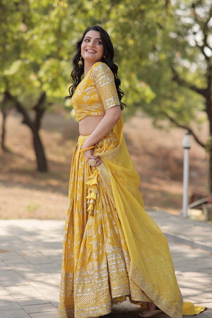 Yellow Banarasi Woven Jaal Design Silk Lehengas with Stunning Blouse