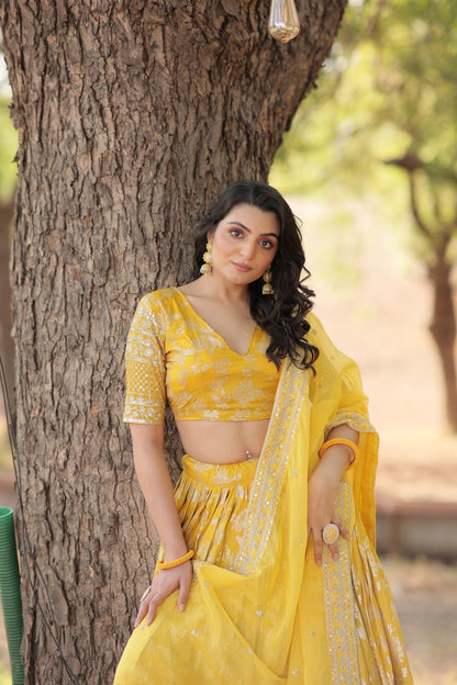 Yellow Banarasi Woven Jaal Design Silk Lehengas with Stunning Blouse