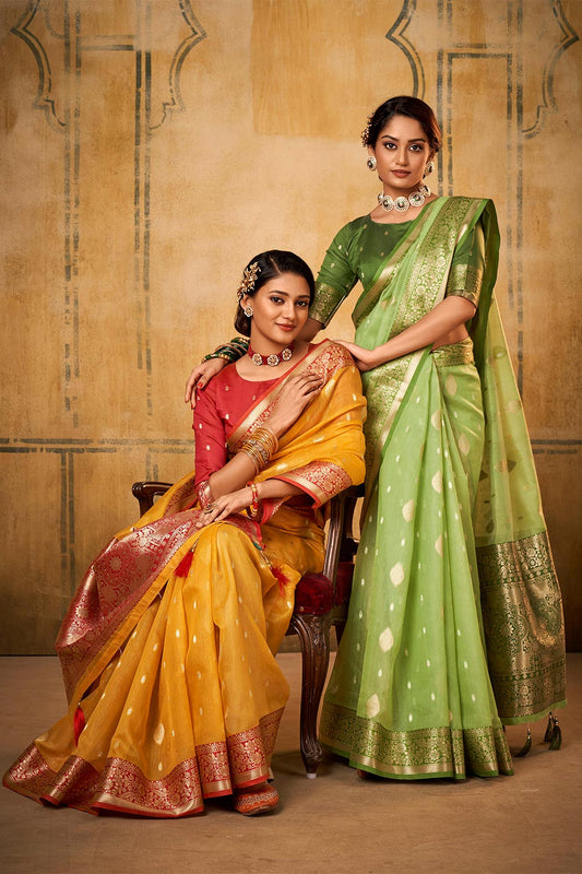 Emerald Green & Golden Border Banarasi Silk Saree with Green Designer Blouse