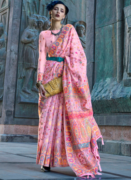 Taffy Pink Kashmiri Kani Silk Saree with Same Colored Designer Blouse