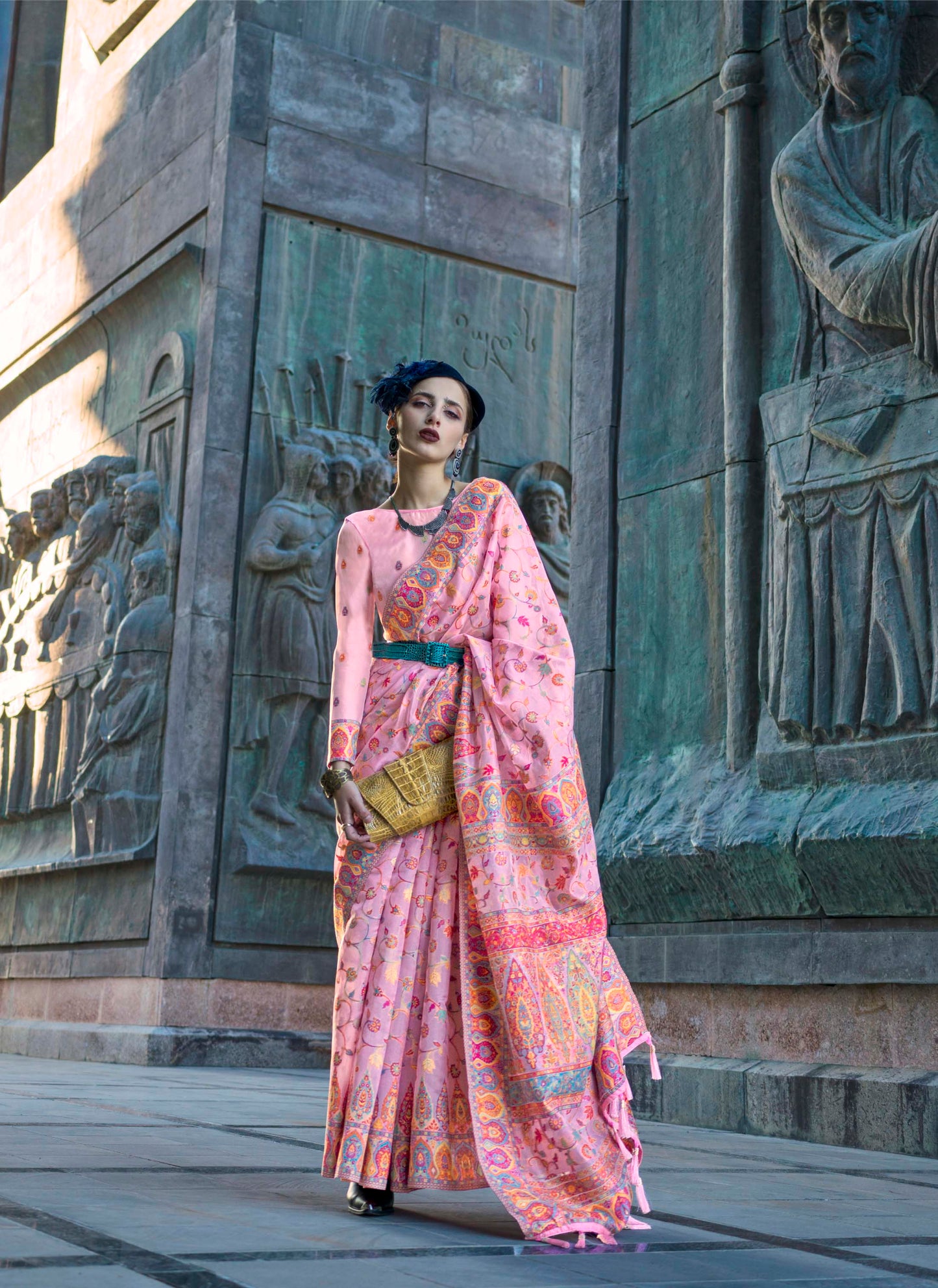Taffy Pink Kashmiri Kani Silk Saree with Same Colored Designer Blouse