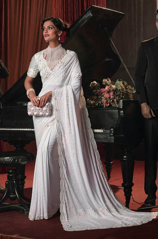 White Party Wear Saree with Designer Same Colored White Blouse