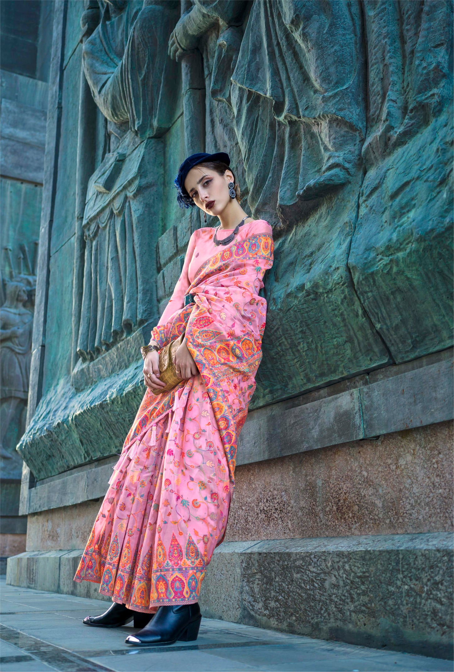 Taffy Pink Kashmiri Kani Silk Saree with Same Colored Designer Blouse