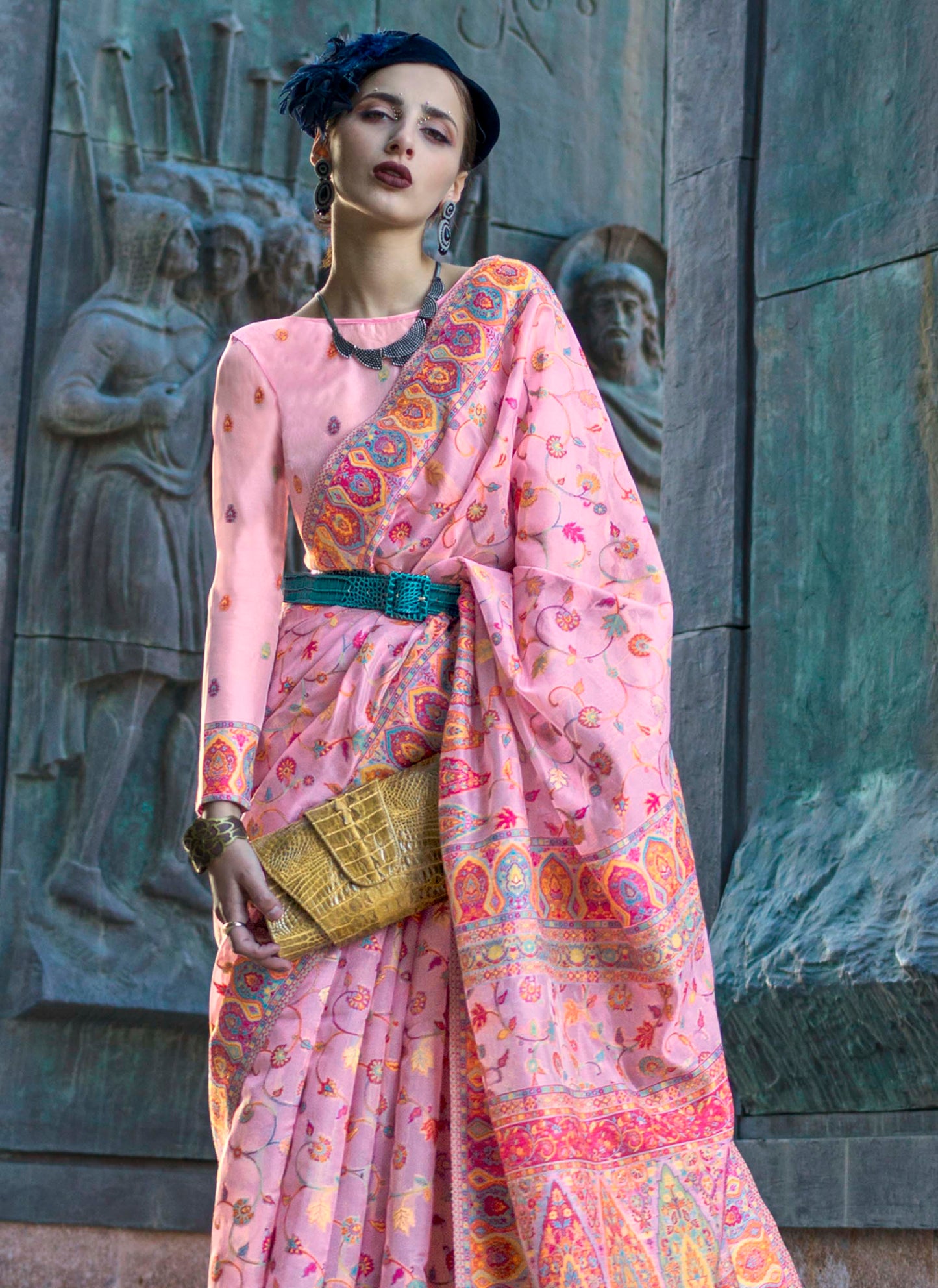 Taffy Pink Kashmiri Kani Silk Saree with Same Colored Designer Blouse