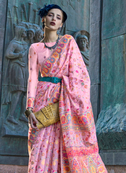Taffy Pink Kashmiri Kani Silk Saree with Same Colored Designer Blouse