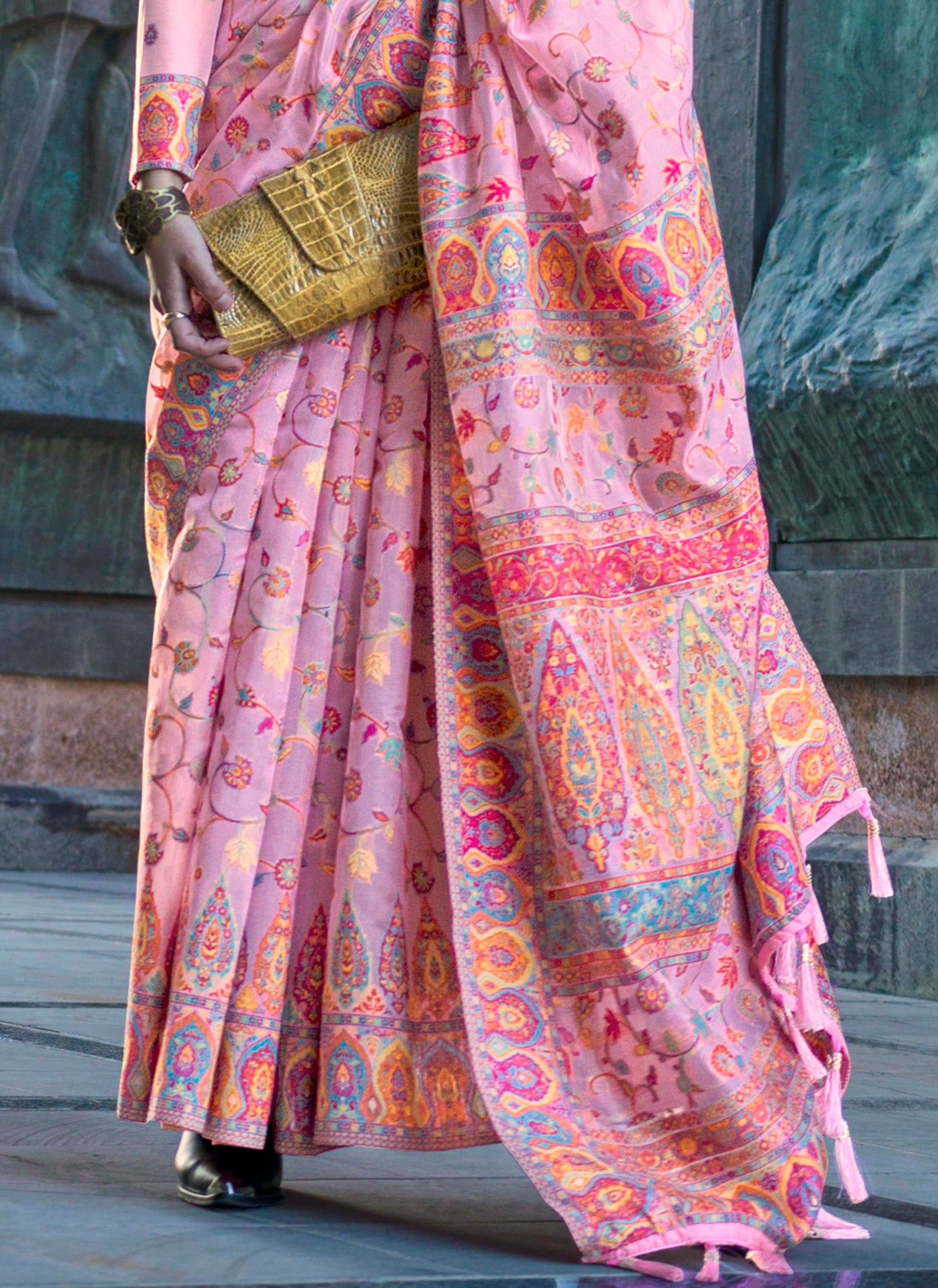 Taffy Pink Kashmiri Kani Silk Saree with Same Colored Designer Blouse