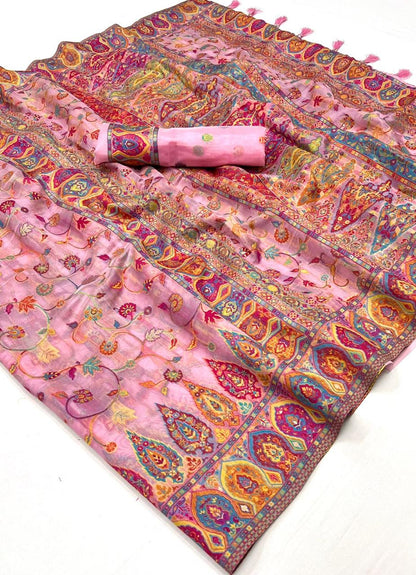Taffy Pink Kashmiri Kani Silk Saree with Same Colored Designer Blouse
