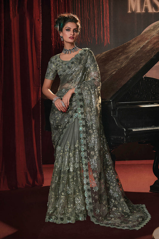 Fossil Grey Party Wear Saree with Pretty Designer Blouse