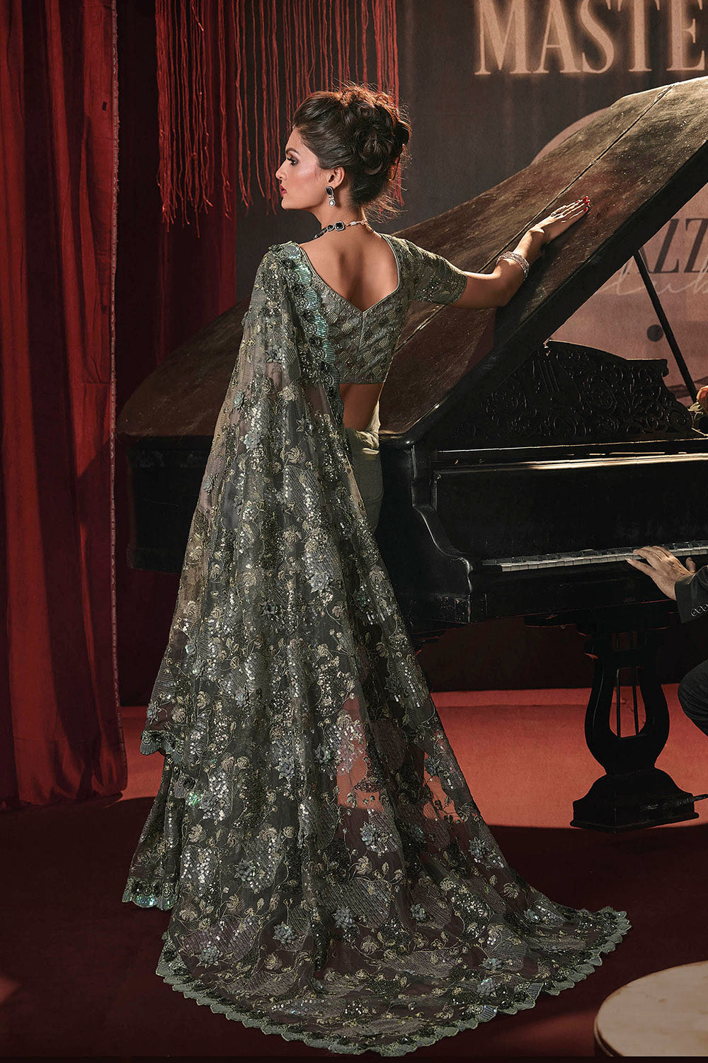 Fossil Grey Party Wear Saree with Pretty Designer Blouse