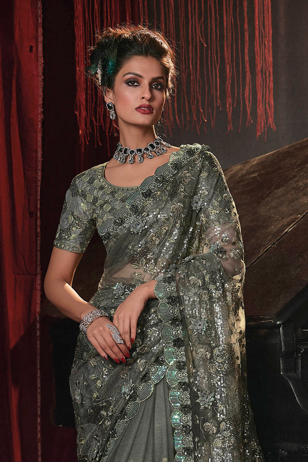 Fossil Grey Party Wear Saree with Pretty Designer Blouse