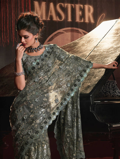 Fossil Grey Party Wear Saree with Pretty Designer Blouse