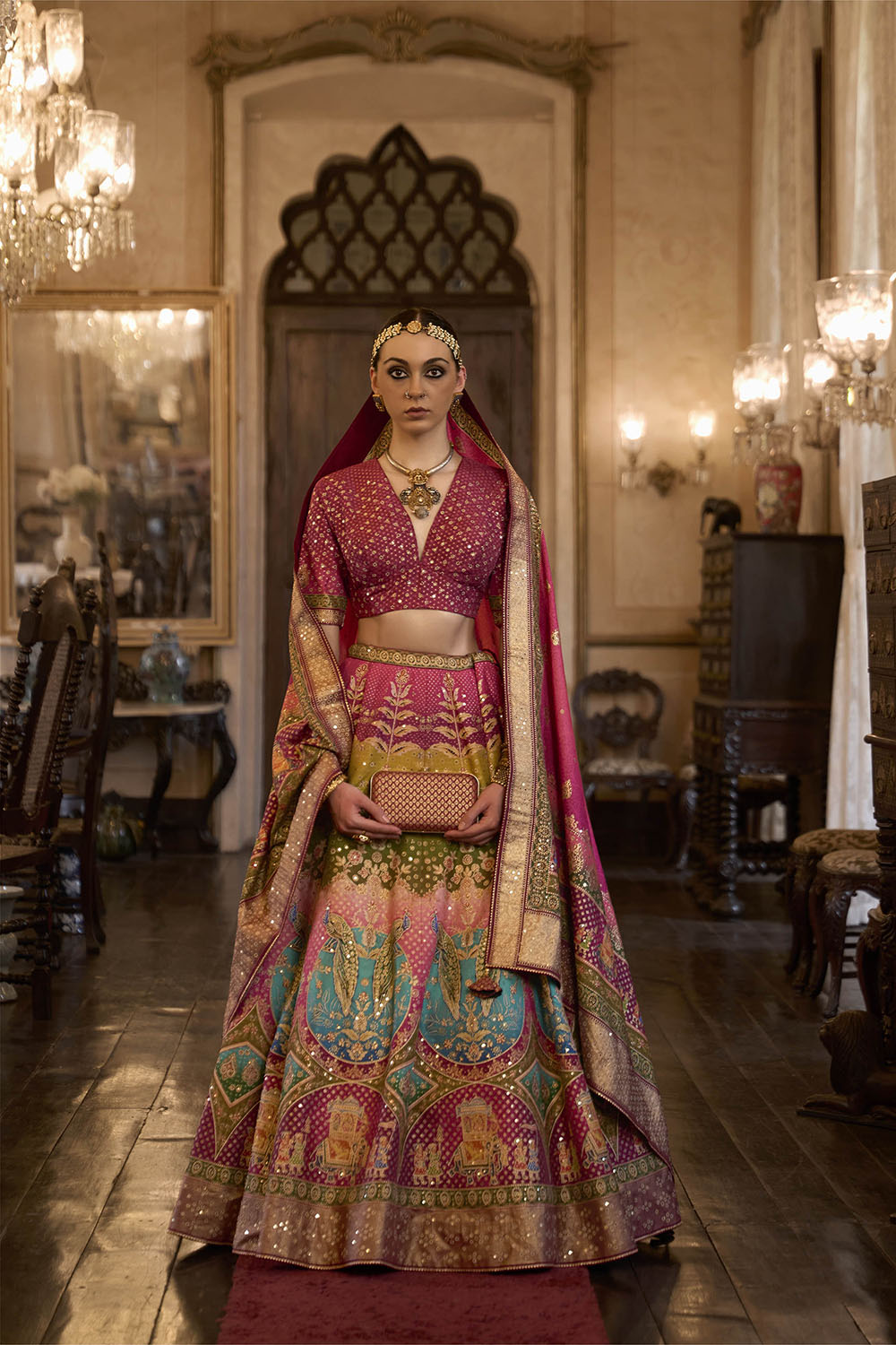 Ruby Pink & Multi-colored Bridal Designer Lahenga Choli with Beautiful Blouse and Dupatta