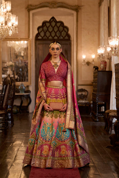 Ruby Pink & Multi-colored Bridal Designer Lahenga Choli with Beautiful Blouse and Dupatta