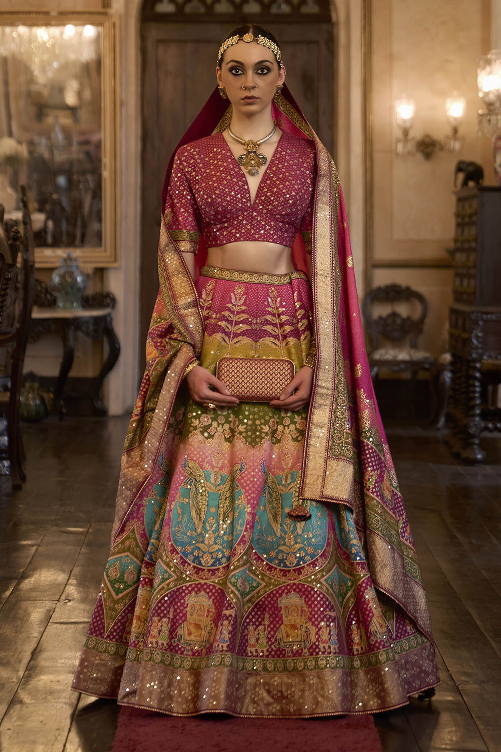 Ruby Pink & Multi-colored Bridal Designer Lahenga Choli with Beautiful Blouse and Dupatta
