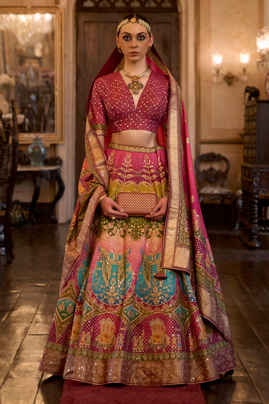 Ruby Pink & Multi-colored Bridal Designer Lahenga Choli with Beautiful Blouse and Dupatta