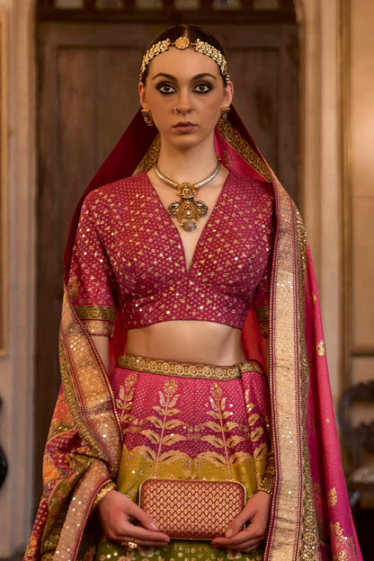 Ruby Pink & Multi-colored Bridal Designer Lahenga Choli with Beautiful Blouse and Dupatta