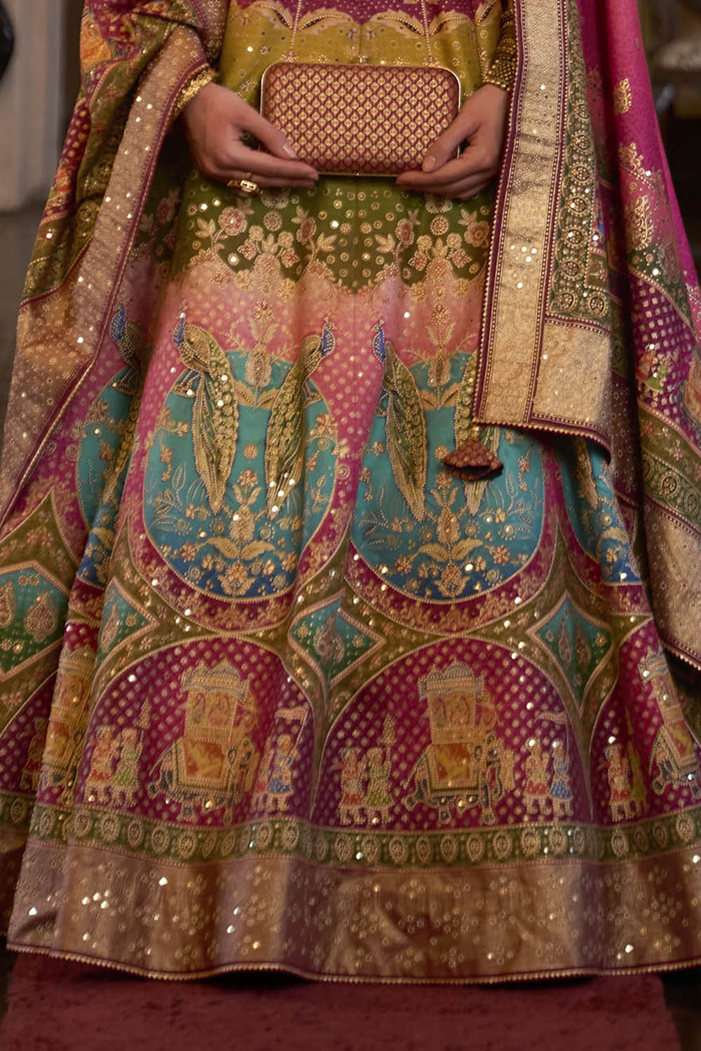 Ruby Pink & Multi-colored Bridal Designer Lahenga Choli with Beautiful Blouse and Dupatta