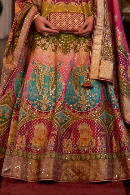 Ruby Pink & Multi-colored Bridal Designer Lahenga Choli with Beautiful Blouse and Dupatta