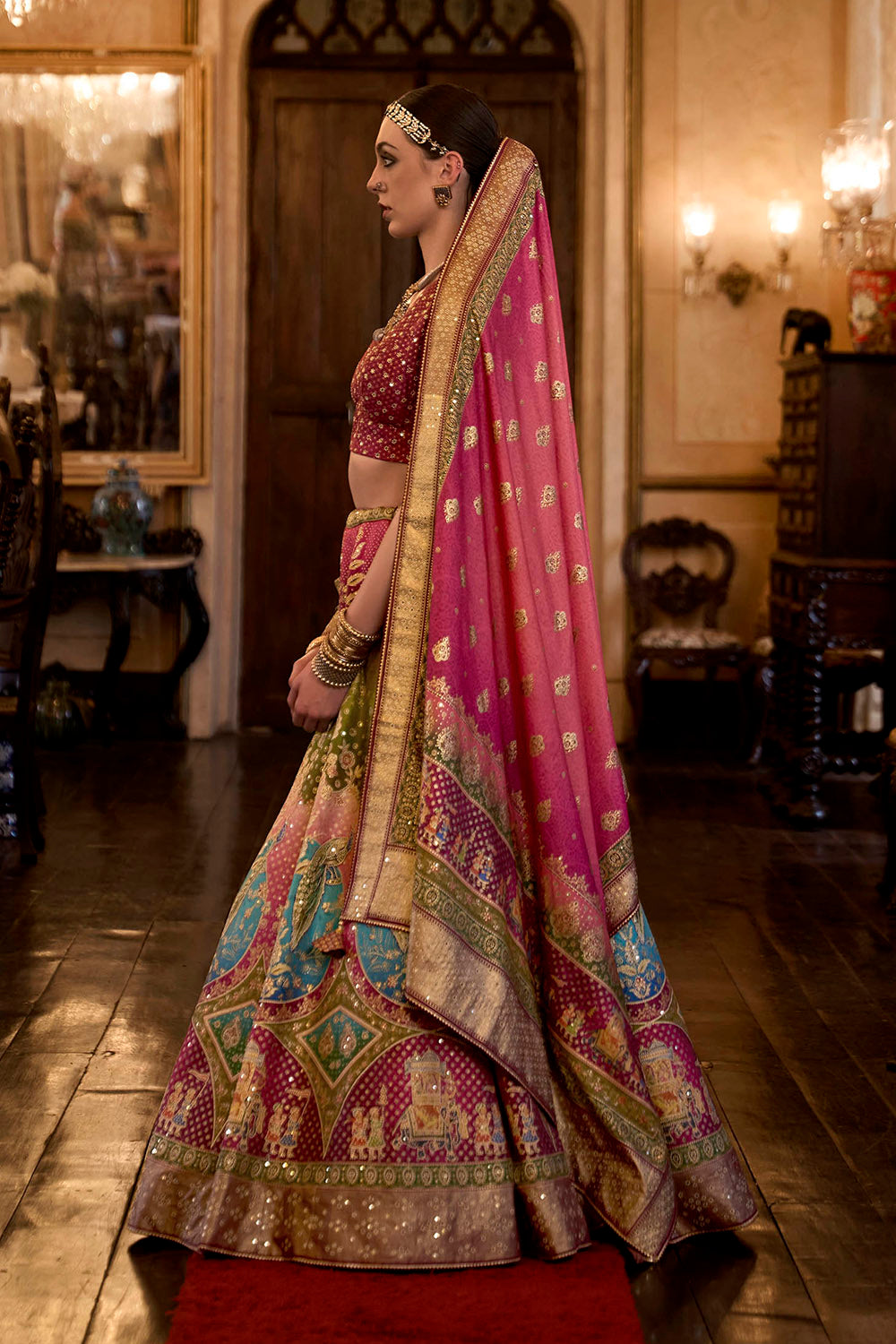 Ruby Pink & Multi-colored Bridal Designer Lahenga Choli with Beautiful Blouse and Dupatta