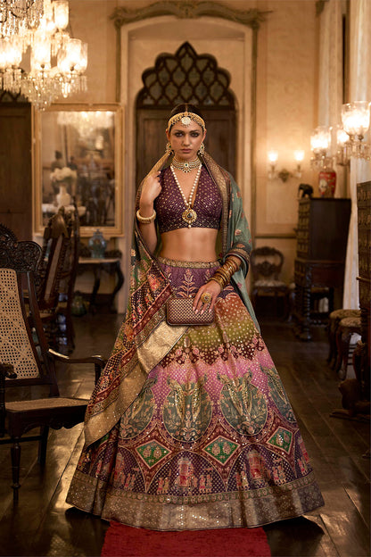 Purple & Pink Shade Embroidery Lahenga Choli with Pretty Blouse and Printed Dupatta
