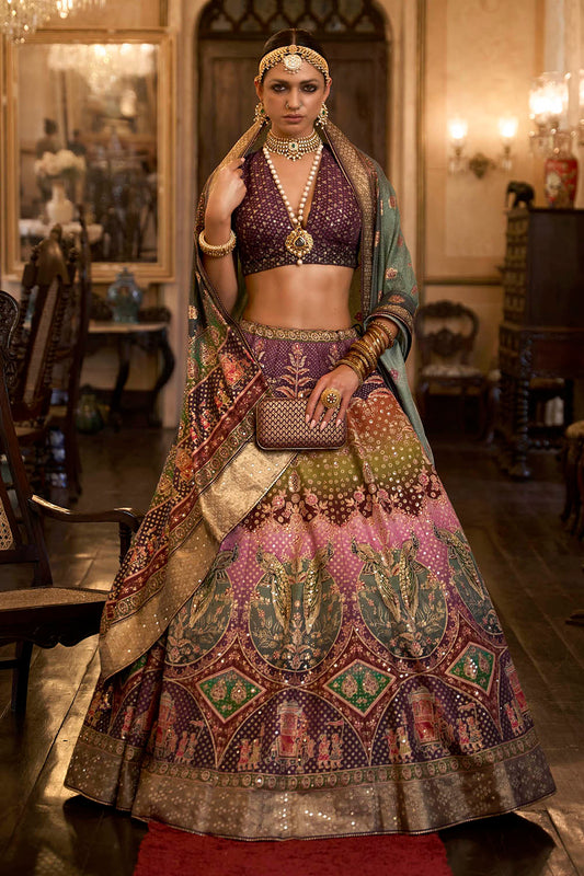 Purple & Pink Shade Embroidery Lahenga Choli with Pretty Blouse and Printed Dupatta