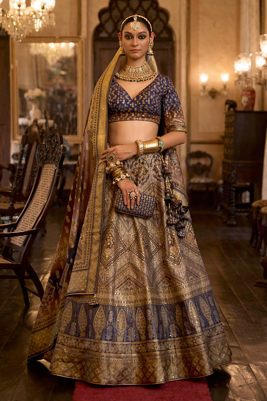 Navy Blue & Golden Design Bridal Lahenga Choli with Pretty Blouse and Heavy Dupatta