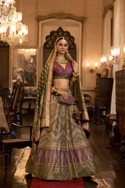 Plum Purple & Green Shade Bridal Designer Lahenga Choli with Heavy Dupatta and Blouse