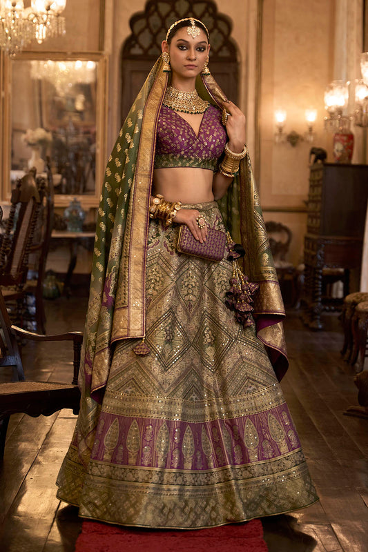 Plum Purple & Green Shade Bridal Designer Lahenga Choli with Heavy Dupatta and Blouse