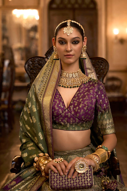 Plum Purple & Green Shade Bridal Designer Lahenga Choli with Heavy Dupatta and Blouse