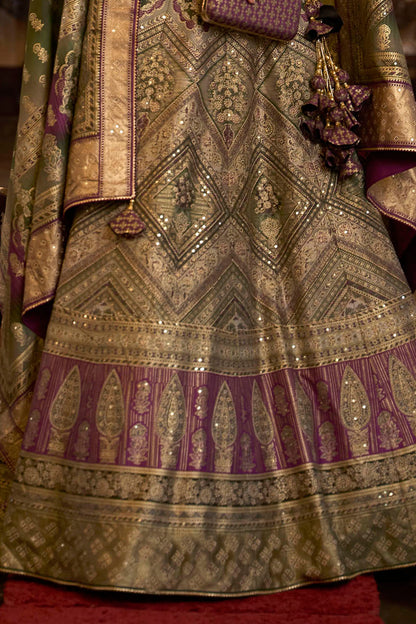 Plum Purple & Green Shade Bridal Designer Lahenga Choli with Heavy Dupatta and Blouse
