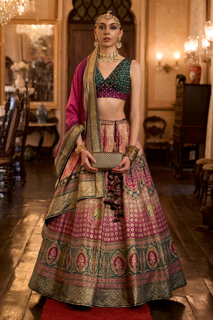 Magenta Pink & Green Shade Designer Lahenga Choli with Sleeve Less Fancy Blouse