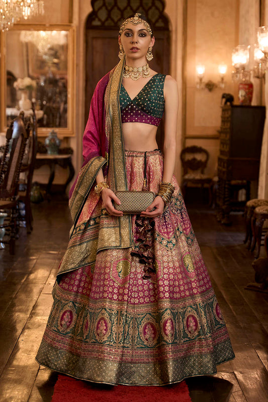 Magenta Pink & Green Shade Designer Lahenga Choli with Sleeve Less Fancy Blouse