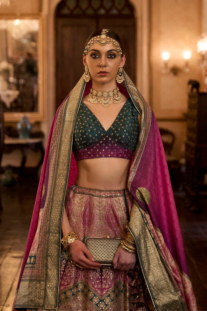 Magenta Pink & Green Shade Designer Lahenga Choli with Sleeve Less Fancy Blouse