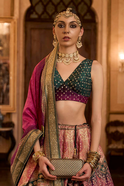 Magenta Pink & Green Shade Designer Lahenga Choli with Sleeve Less Fancy Blouse