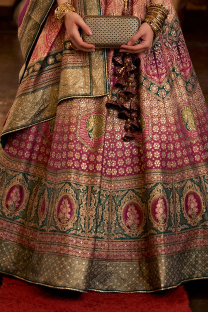 Magenta Pink & Green Shade Designer Lahenga Choli with Sleeve Less Fancy Blouse