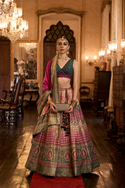 Magenta Pink & Green Shade Designer Lahenga Choli with Sleeve Less Fancy Blouse